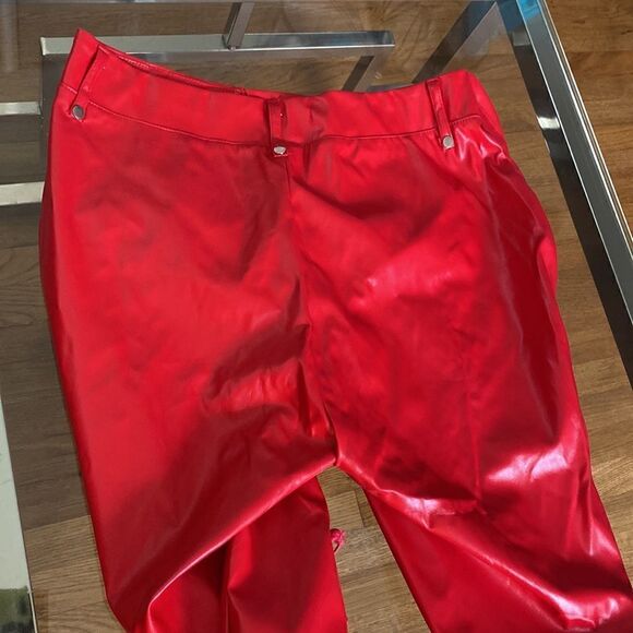 Red stretch pleather lace up pant. Cut out 4 skin size large front lace missing - Picture 8 of 16